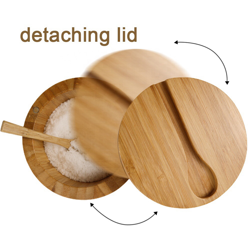 Bamboo Kitchen Salt Box With Swivel Magnetic Lid Spice Container Bamboo Spice Storage Box with spoon