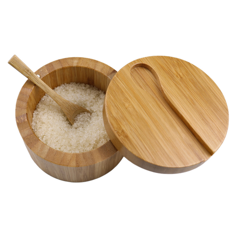 Bamboo Kitchen Salt Box With Swivel Magnetic Lid Spice Container Bamboo Spice Storage Box with spoon