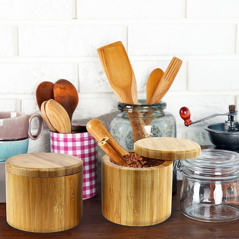 Bamboo Kitchen Salt Box With Swivel Magnetic Lid Spice Container Bamboo Spice Storage Box with spoon