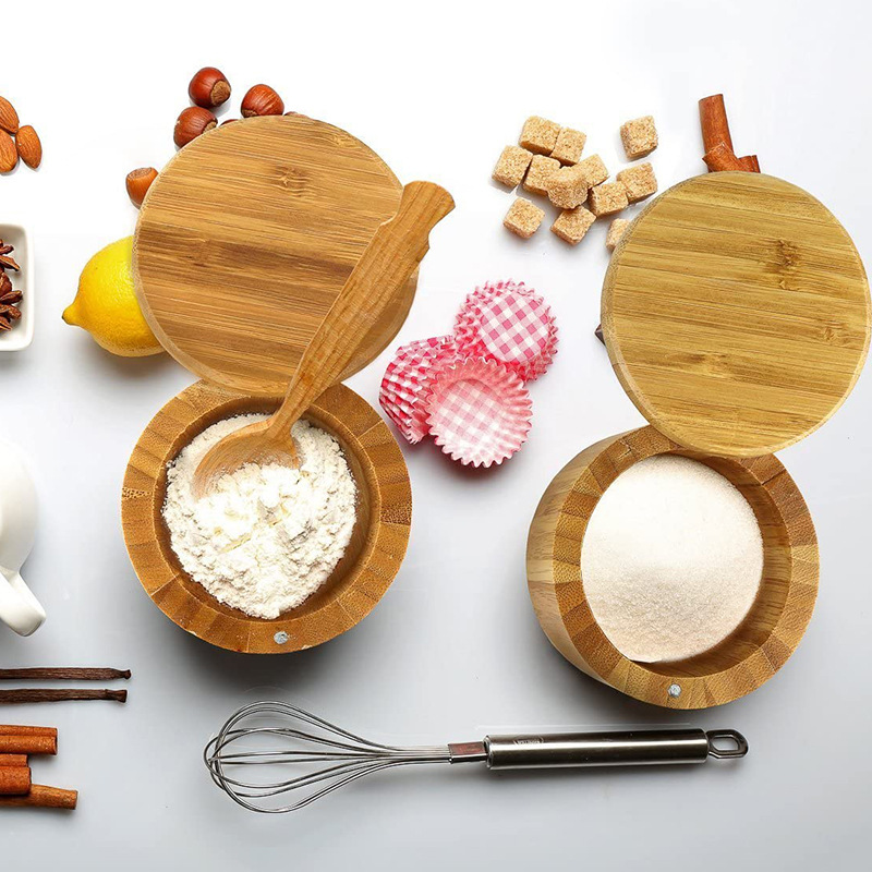 Bamboo Kitchen Salt Box With Swivel Magnetic Lid Spice Container Bamboo Spice Storage Box with spoon