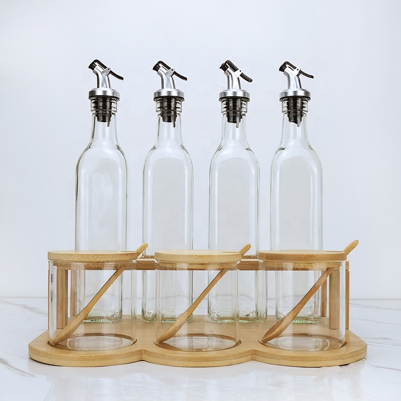 Bamboo Kitchen Spice Canister & Oil, Vinegar, Sauce Storage Set