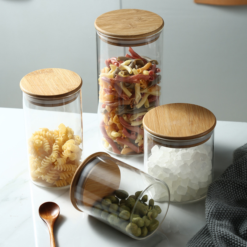 Bamboo Lid Borosilicate Storage Spice Airtight Cylinder Kitchen Tube Clear Glass Jar Food Grade