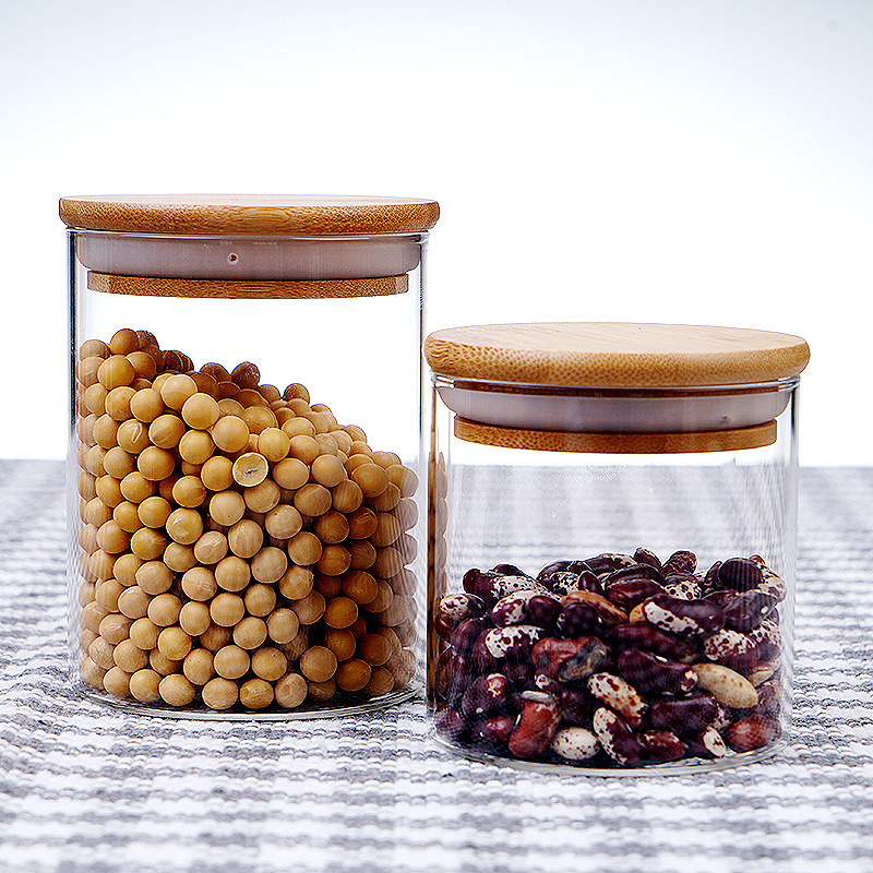 Bamboo Lid Borosilicate Storage Spice Airtight Cylinder Kitchen Tube Clear Glass Jar Food Grade