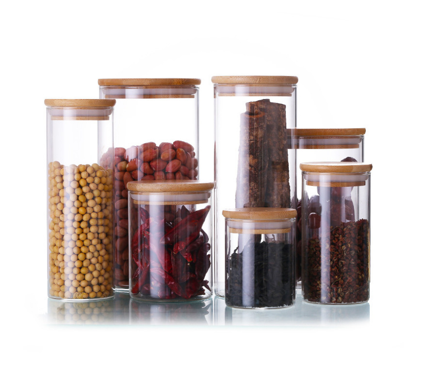 Bamboo Lid Borosilicate Storage Spice Airtight Cylinder Kitchen Tube Clear Glass Jar Food Grade