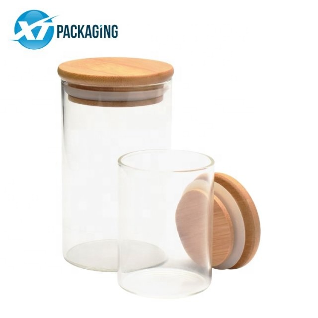 Bamboo Lid Storage Glass Jar With Wooden Lid Suction Container Jar For Candle Packaging