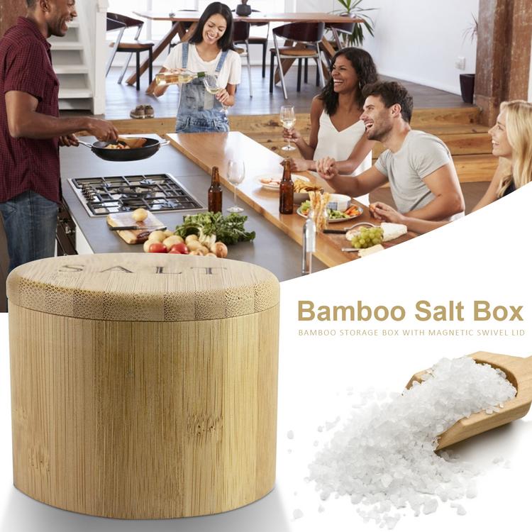 Bamboo Salt Box Beautiful Handy Container for Kitchen Round bamboo spice box Food Grade Pepper Shakers Seasoning Jar