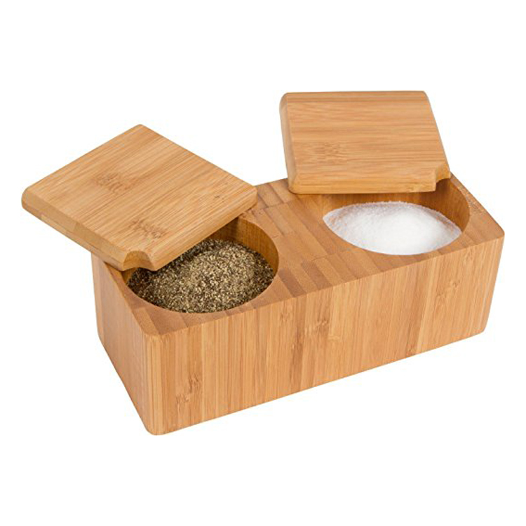 Bamboo Swivel Salt Pepper Spice Canisters with Magnetic Lid-2 Pot for Kitchen Storage