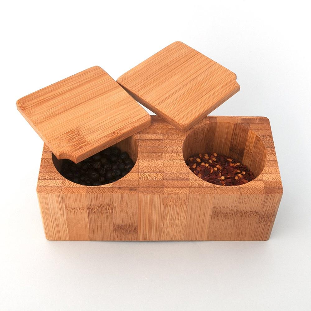 Bamboo Swivel Salt Pepper Spice Canisters with Magnetic Lid-2 Pot for Kitchen Storage