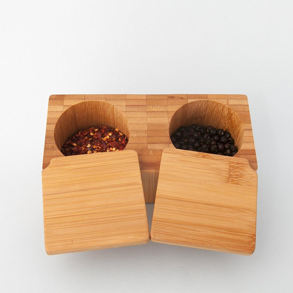 Bamboo Swivel Salt Pepper Spice Canisters with Magnetic Lid-2 Pot for Kitchen Storage
