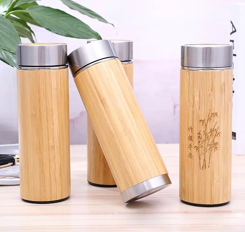 Bamboo Tea Infuser Stainless Steel Water Bottle,Vacuum Bamboo Tumbler