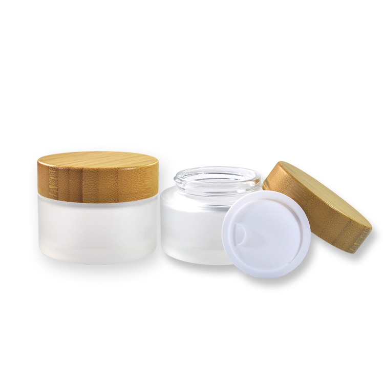 Bamboo cosmetic face cream jar 50g frosted glass jar bamboo lid with laser engraving logo