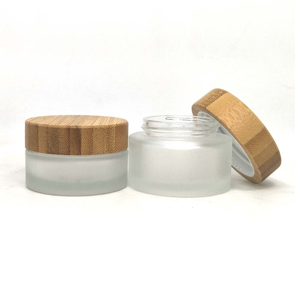 Bamboo cosmetic jars wooden  container frosted  glass jar with wooden lid 50g
