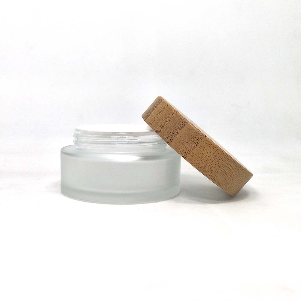 Bamboo cosmetic jars wooden container frosted glass jar with wooden lid 50g