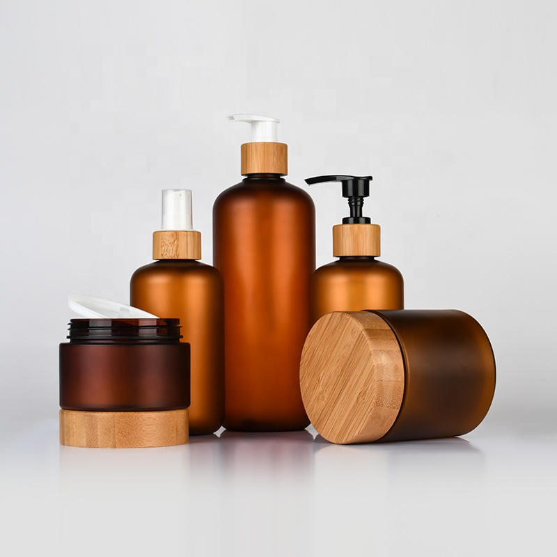 Bamboo cosmetic package set 150ml 250ml cream jar 120ml 250ml 500ml amber frosted PET plastic bottle with bamboo pump