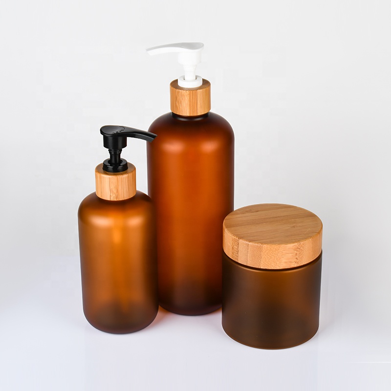 Bamboo cosmetic package set 150ml 250ml cream jar 120ml 250ml 500ml amber frosted PET plastic bottle with bamboo pump