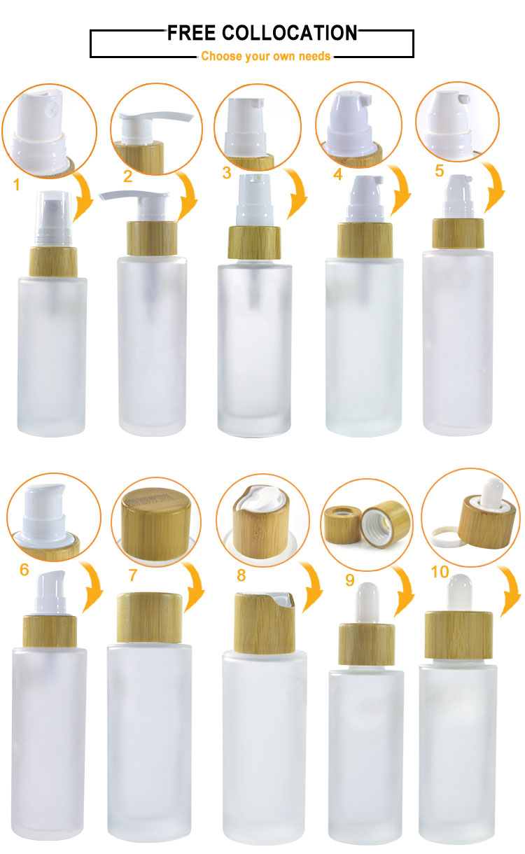 Bamboo cosmetic packaging 30ml 50ml 100ml 120ml 150ml flat shoulder frosted clear perfume glass spray bottle with bamboo sprayer