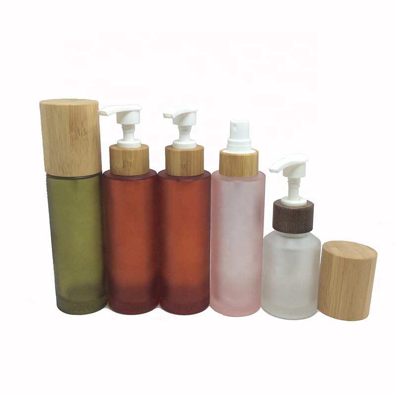Bamboo cosmetic perfume bottle 200ml 50ml 100ml 120ml 150ml frosted glass cream spray lotion bottle with bamboo foam pump caps