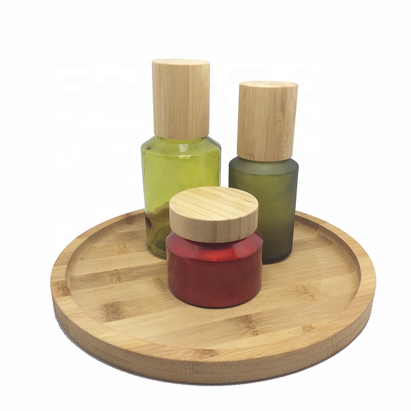 Bamboo cosmetic perfume bottle 200ml 50ml 100ml 120ml 150ml frosted glass cream spray lotion bottle with bamboo foam pump caps