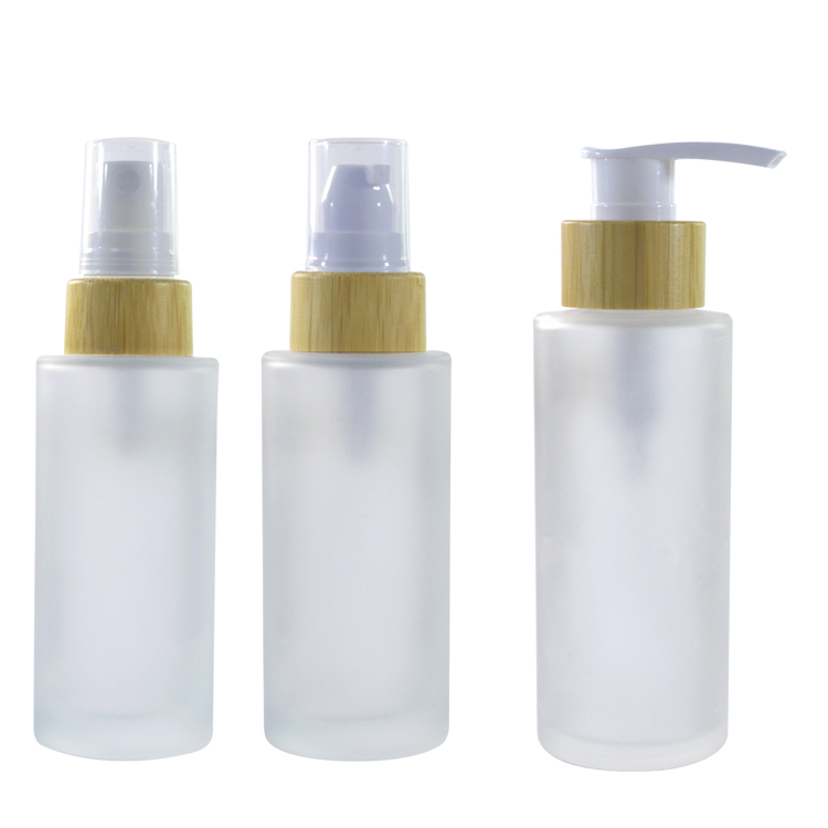 Bamboo cosmetic perfume bottle 30ml 50ml 100ml 120ml 150ml frosted glass cream spray lotion bottle with bamboo foam pump caps