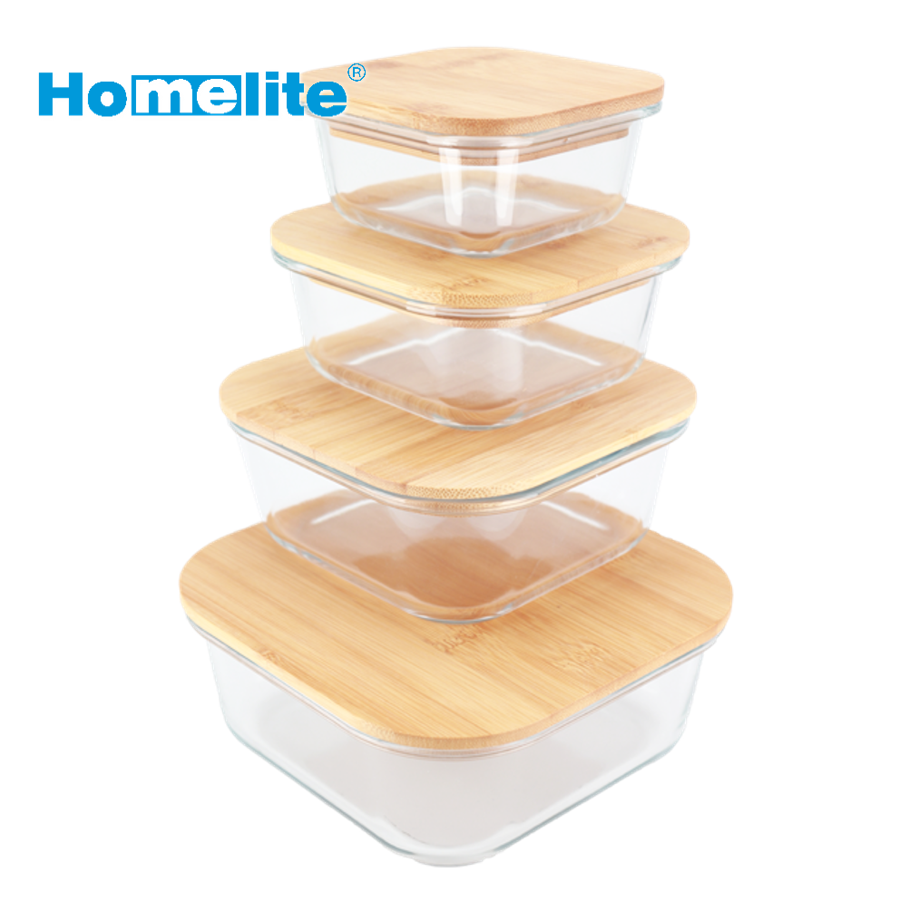 Bamboo glass lunchbox glass food container storage bamboo lid set