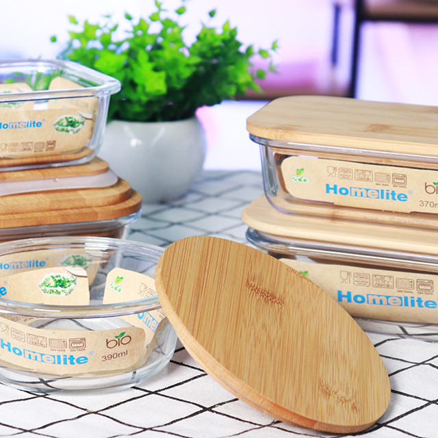 Bamboo glass lunchbox glass food container storage bamboo lid set