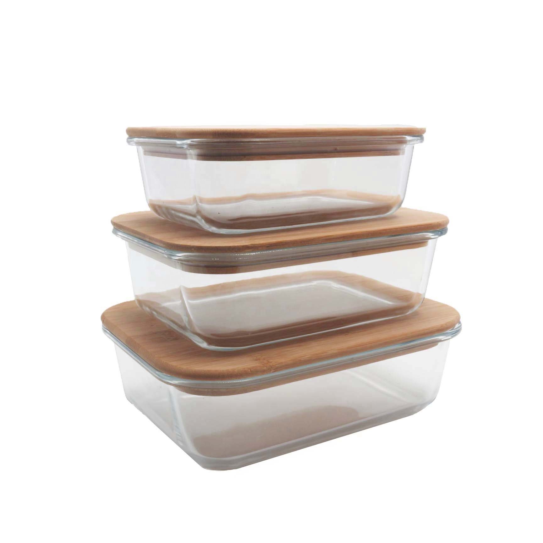 Bamboo lid Eco friendly microwavable glass bento lunch box for food containers airtight FD-08Q
