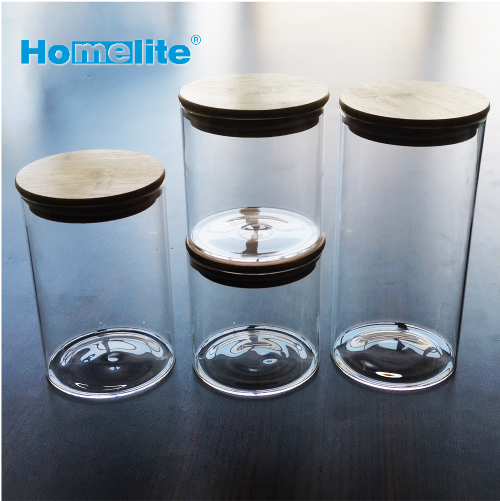 Bamboo lid glass storage jar round container set