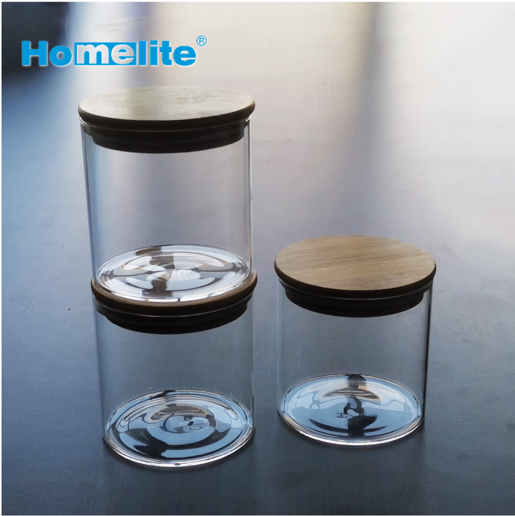 Bamboo lid glass storage jar round container set