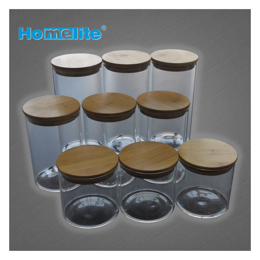 Bamboo lid glass storage jar round container set