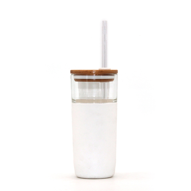 Bamboo lid with silicone sleeve and straw glass tumbler