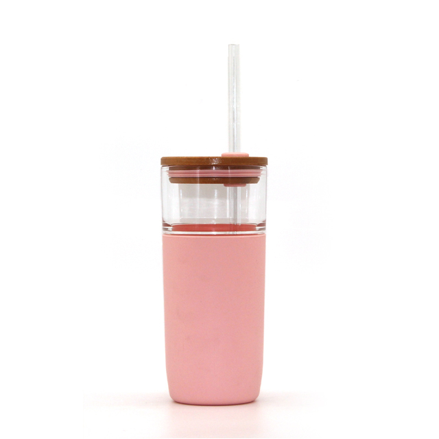 Bamboo lid with silicone sleeve and straw glass tumbler