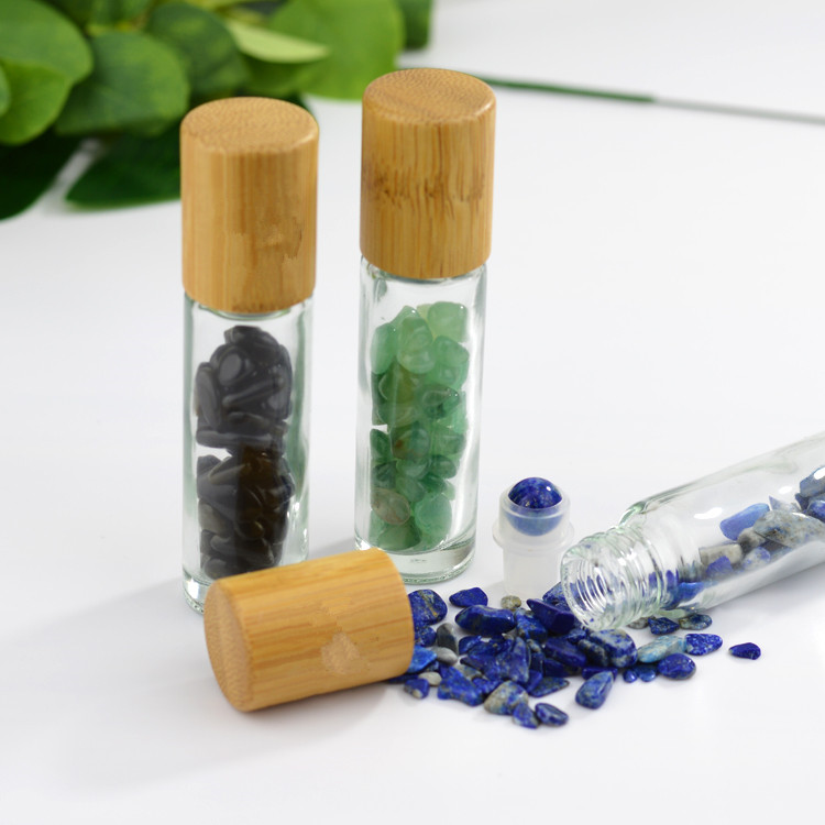 Bamboo roller bottle 10ml clear essential oil glass roll on bottle bamboo laser engraving logo cap with gemstone