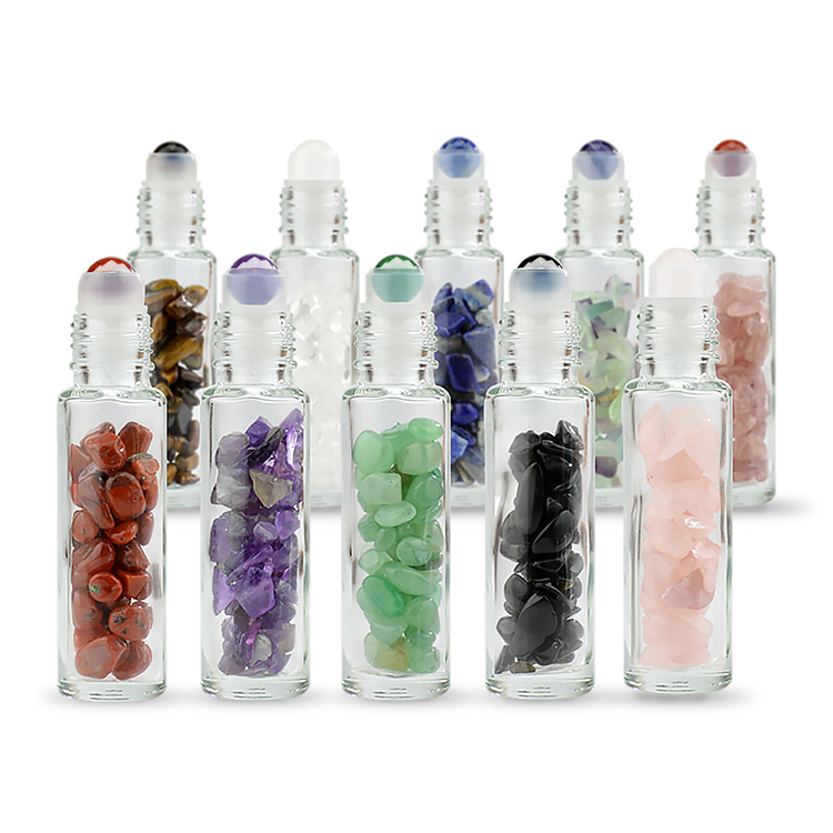 Bamboo roller bottle 10ml clear essential oil glass roll on bottle bamboo laser engraving logo cap with gemstone