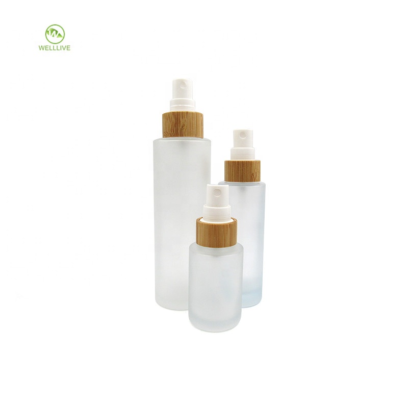 Bamboo screw lid sealing type 80ml 100ml glass frosted clear pharmaceutical water lotion pump serum bottle with plastic spray