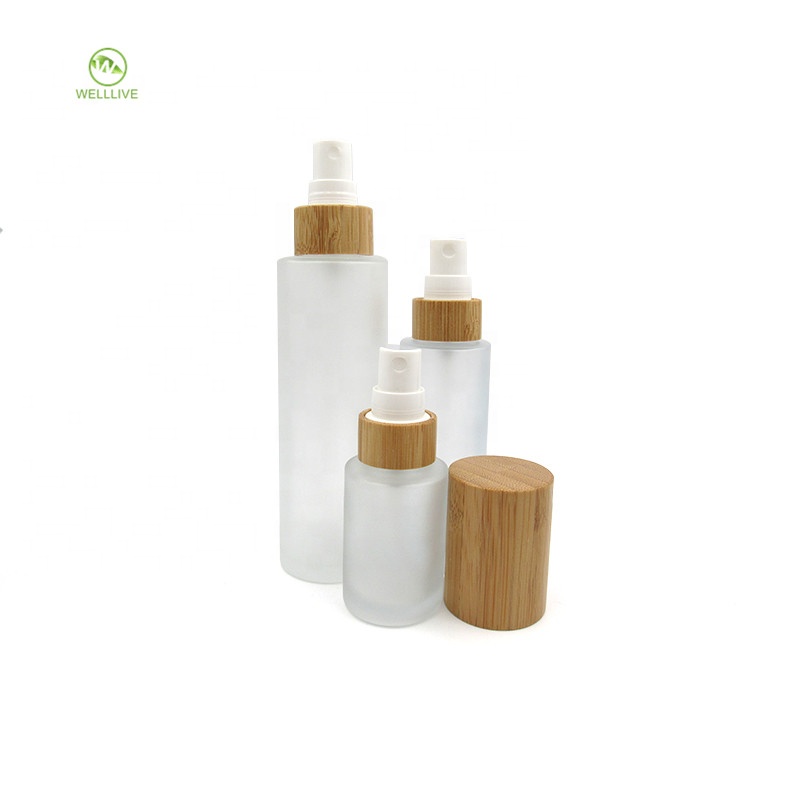 Bamboo screw lid sealing type 80ml 100ml glass frosted clear pharmaceutical water lotion pump serum bottle with plastic spray