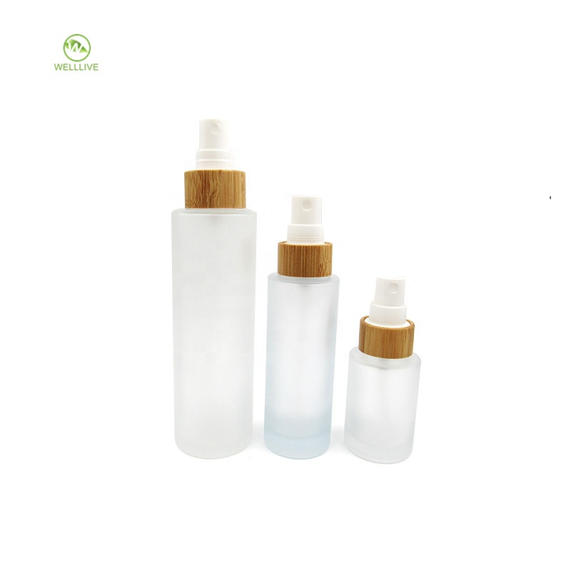 Bamboo screw lid sealing type 80ml 100ml glass frosted clear pharmaceutical water lotion pump serum bottle with plastic spray