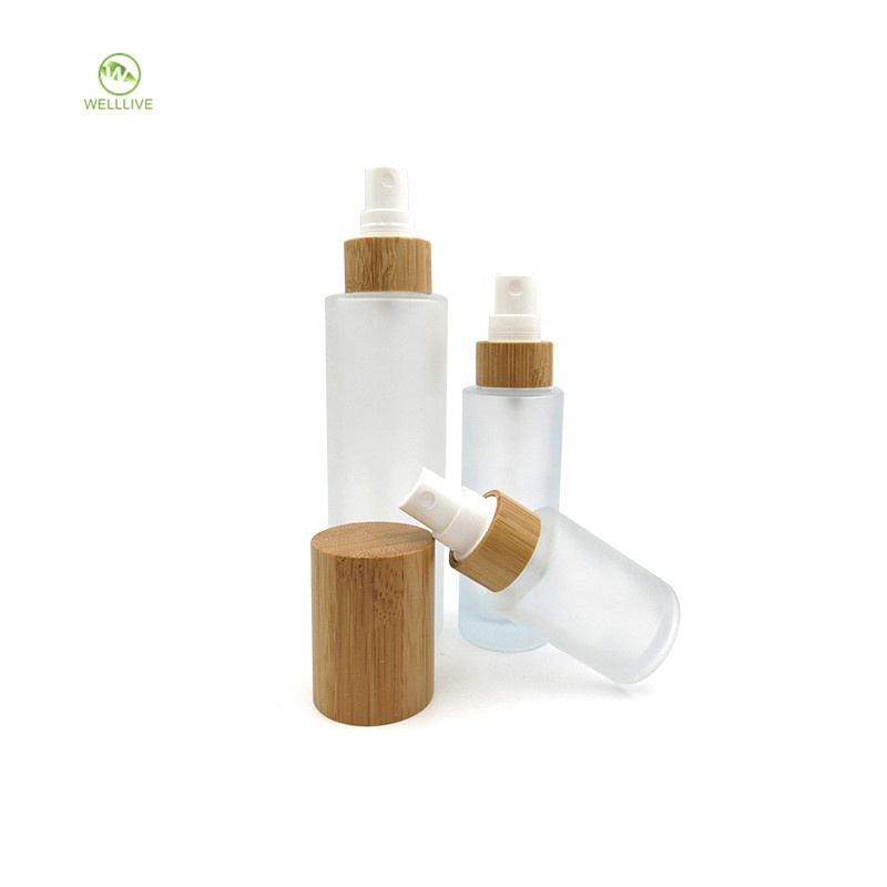 Bamboo screw lid sealing type 80ml 100ml glass frosted clear pharmaceutical water lotion pump serum bottle with plastic spray