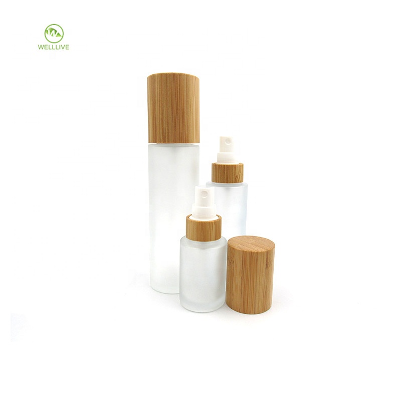 Bamboo screw lid sealing type 80ml 100ml glass frosted clear pharmaceutical water lotion pump serum bottle with plastic spray