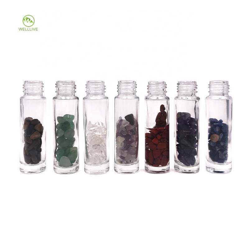 Bamboo twist cap 10ml clear glass roll on bottle with gemstones roller ball for lip gloss cosmetic packaging