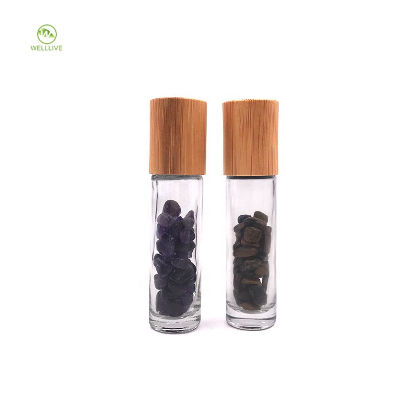 Bamboo twist cap 10ml clear glass roll on bottle with gemstones roller ball for lip gloss cosmetic packaging