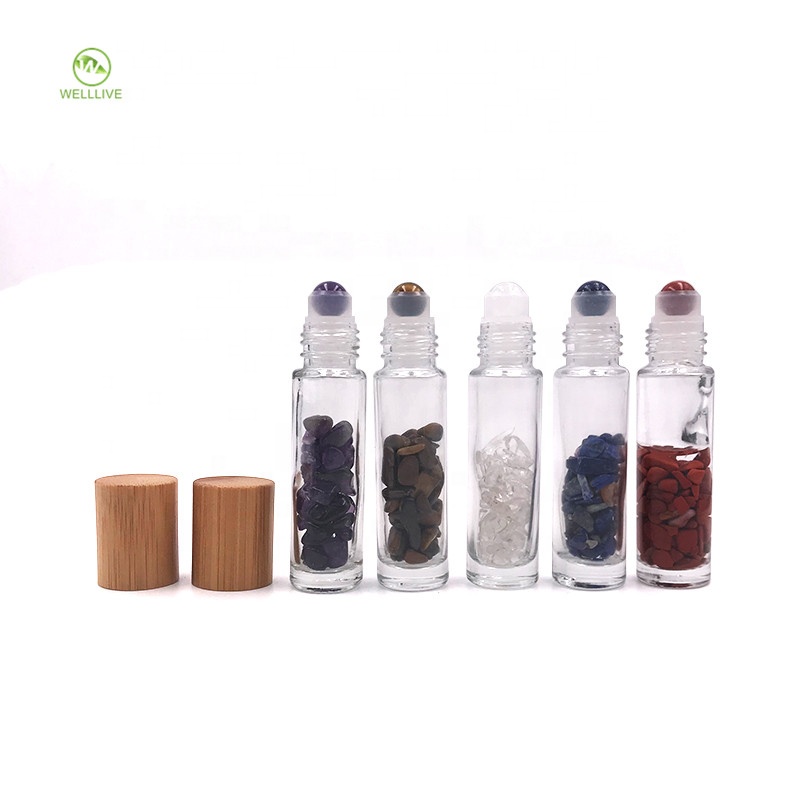 Bamboo twist cap 10ml clear glass roll on bottle with gemstones roller ball for lip gloss cosmetic packaging