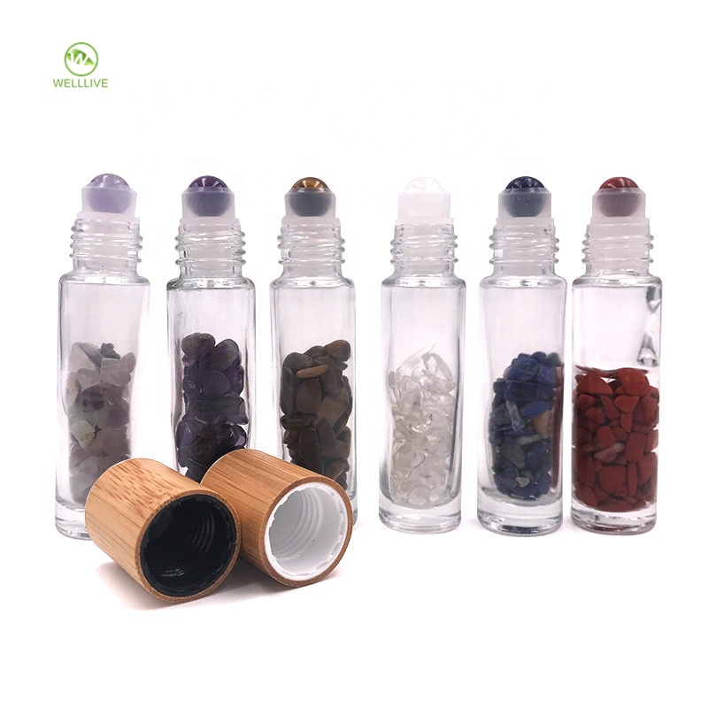 Bamboo twist cap 10ml clear glass roll on bottle with gemstones roller ball for lip gloss cosmetic packaging