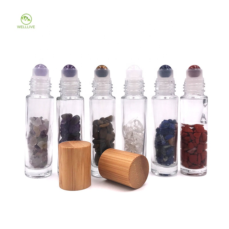 Bamboo twist cap 10ml clear glass roll on bottle with gemstones roller ball for lip gloss cosmetic packaging