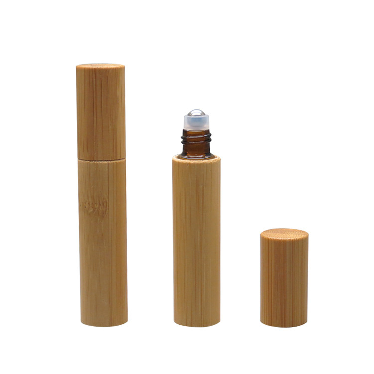 Bamboo wooden Amber glass inner Perfume Roll on Bottle W/ Metal Glass Roller Ball 10ml