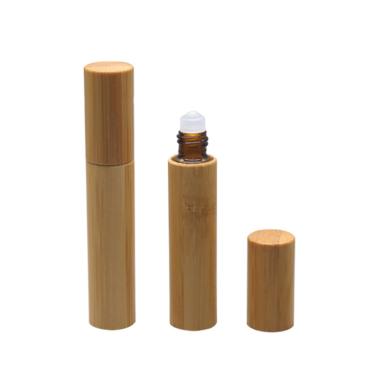Bamboo wooden Amber glass inner Perfume Roll on Bottle W/ Metal Glass Roller Ball 10ml