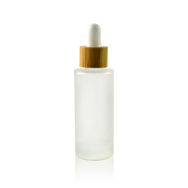 Bamboo wooden cap flat shoulder essential oil packaging 30ml frosted glass bottle with dropper pipette