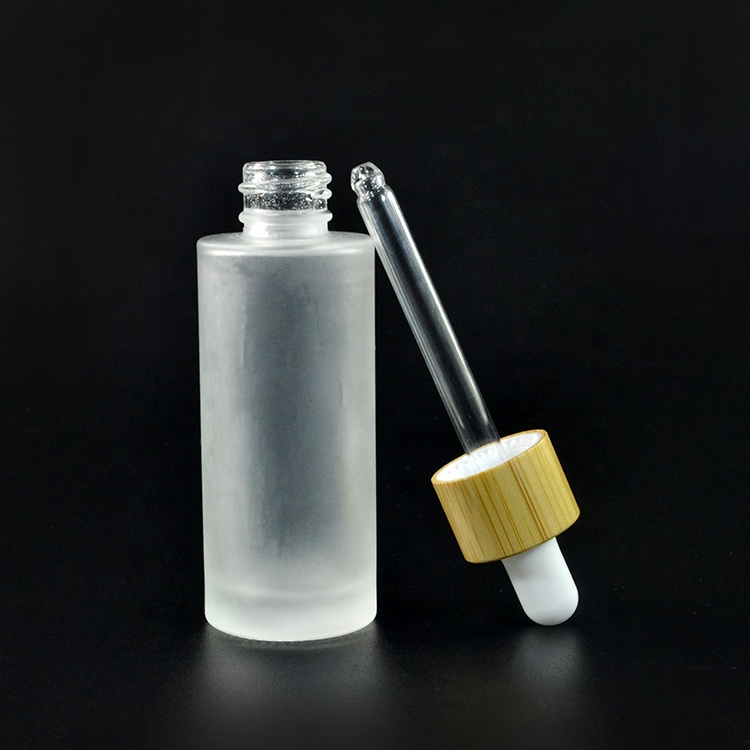 Bamboo wooden cap flat shoulder essential oil packaging 30ml frosted glass bottle with dropper pipette