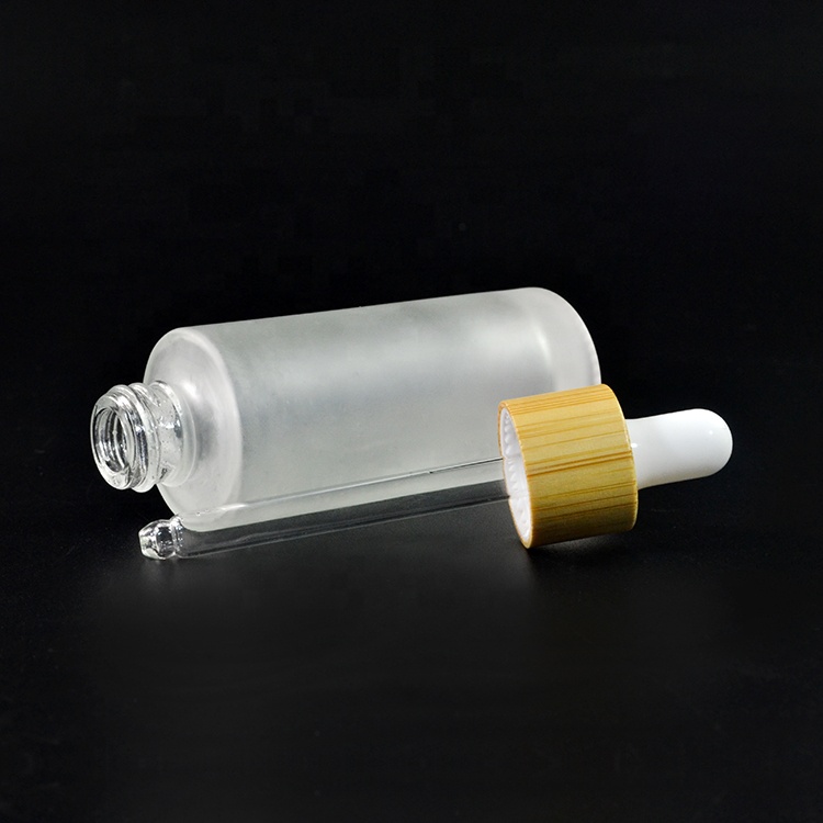 Bamboo wooden cap flat shoulder essential oil packaging 30ml frosted glass bottle with dropper pipette