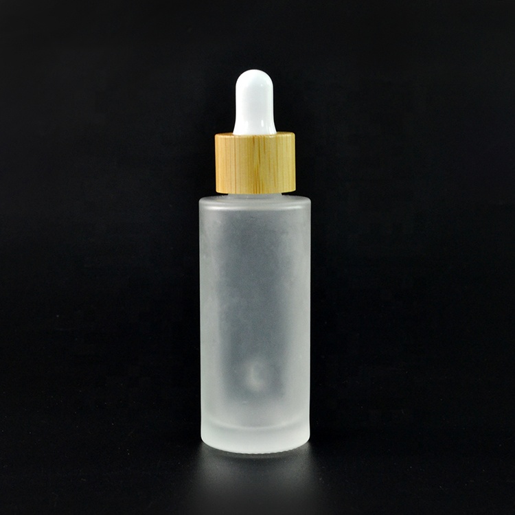 Bamboo wooden cap flat shoulder essential oil packaging 30ml frosted glass bottle with dropper pipette