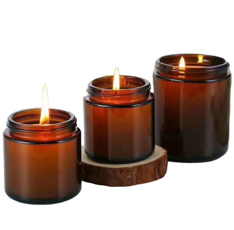 Beautiful design 100ml 200ml Wide mouth round  frosted amber glass candle jar with lid